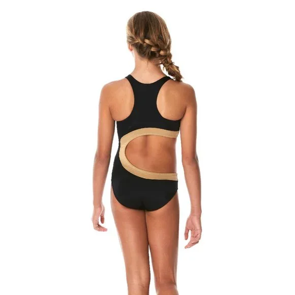 ❤️ NEW 14 16 Tween Submarine 1pc Black w/Gold Trim Elegant Girls Swimsuit ❤️